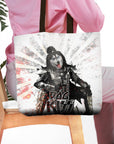Personalized white tote bag with a custom dog portrait in a Kiss band-style costume.