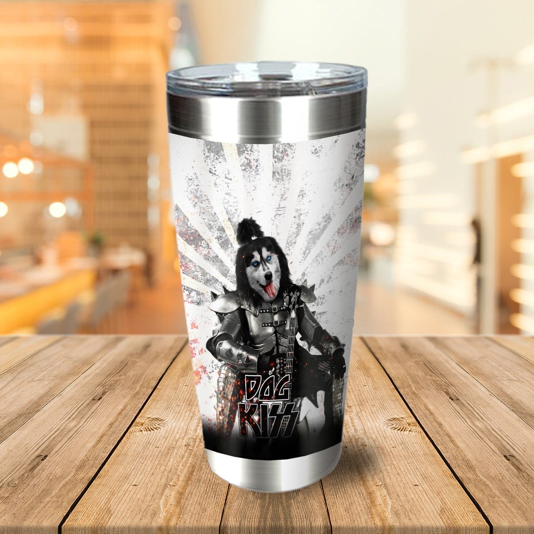 Personalized stainless steel tumbler with a husky dog portrait in a Kiss band costume.