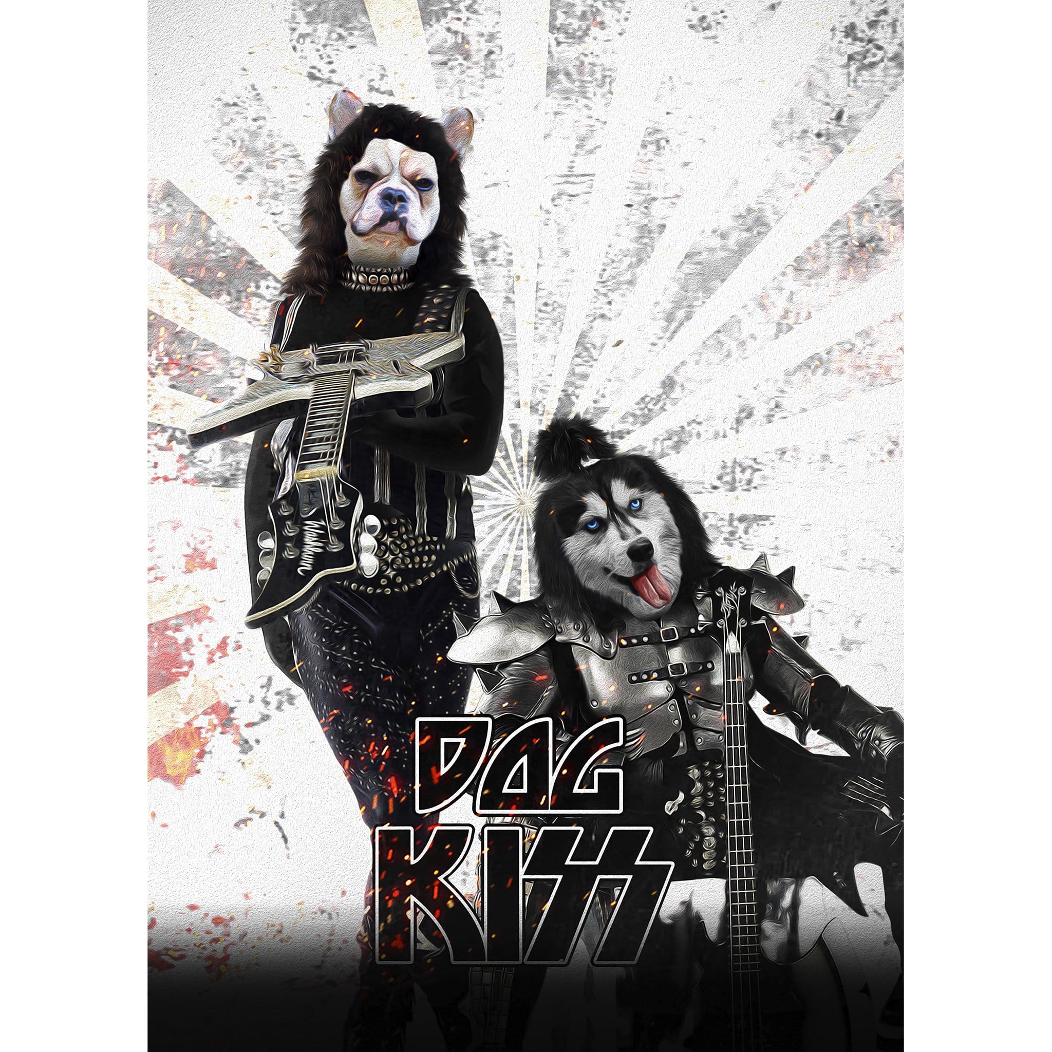 Custom digital portrait of two dogs dressed as rock stars, Kiss Doggos style.