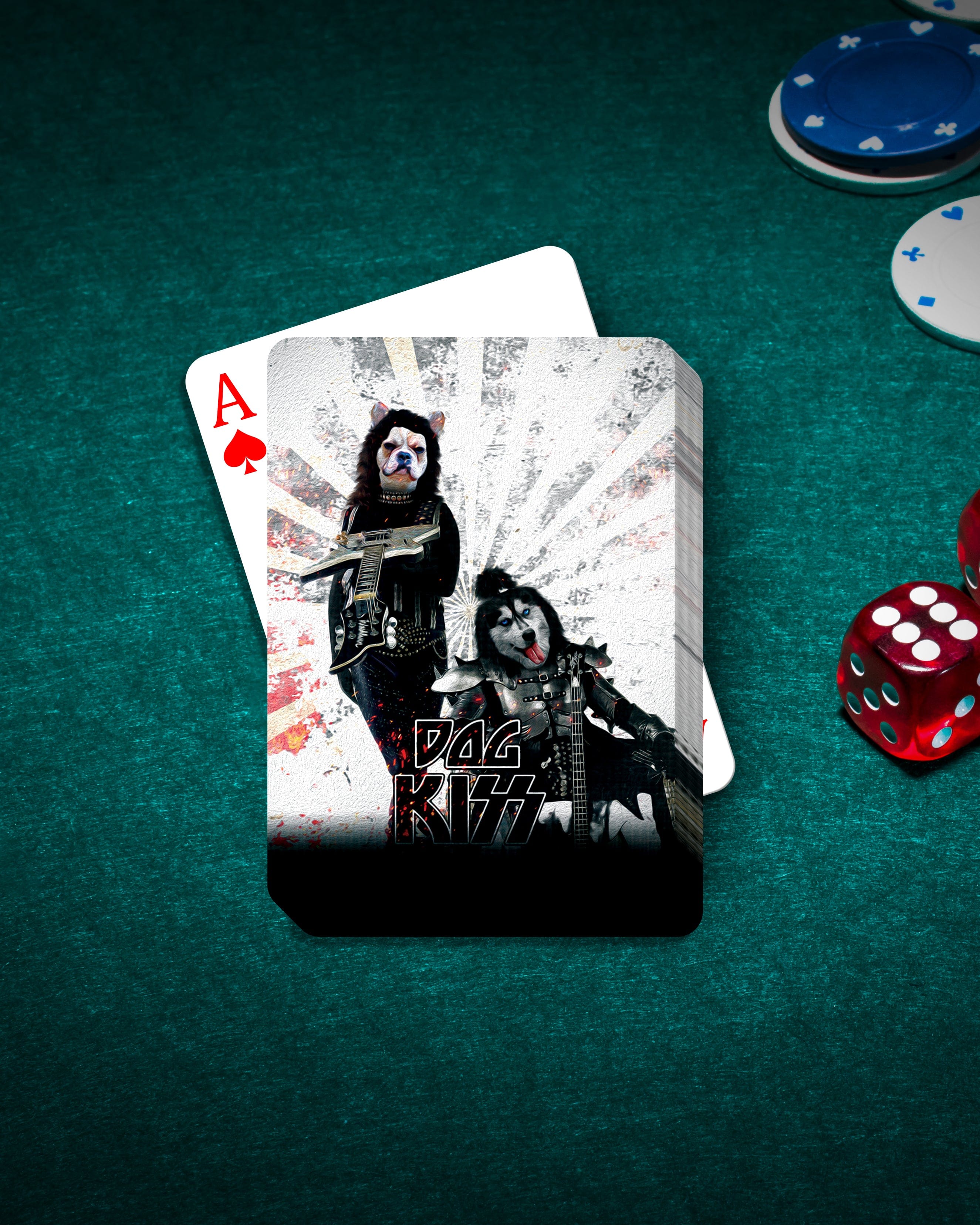 Personalized playing cards featuring two dogs in Kiss-style rockstar costumes on a green felt table.
