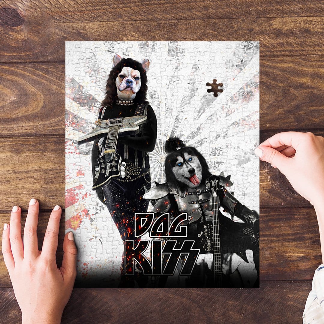 Personalized "Kiss Doggos" 2 pet puzzle featuring dogs dressed as rock stars, partially assembled on wood.