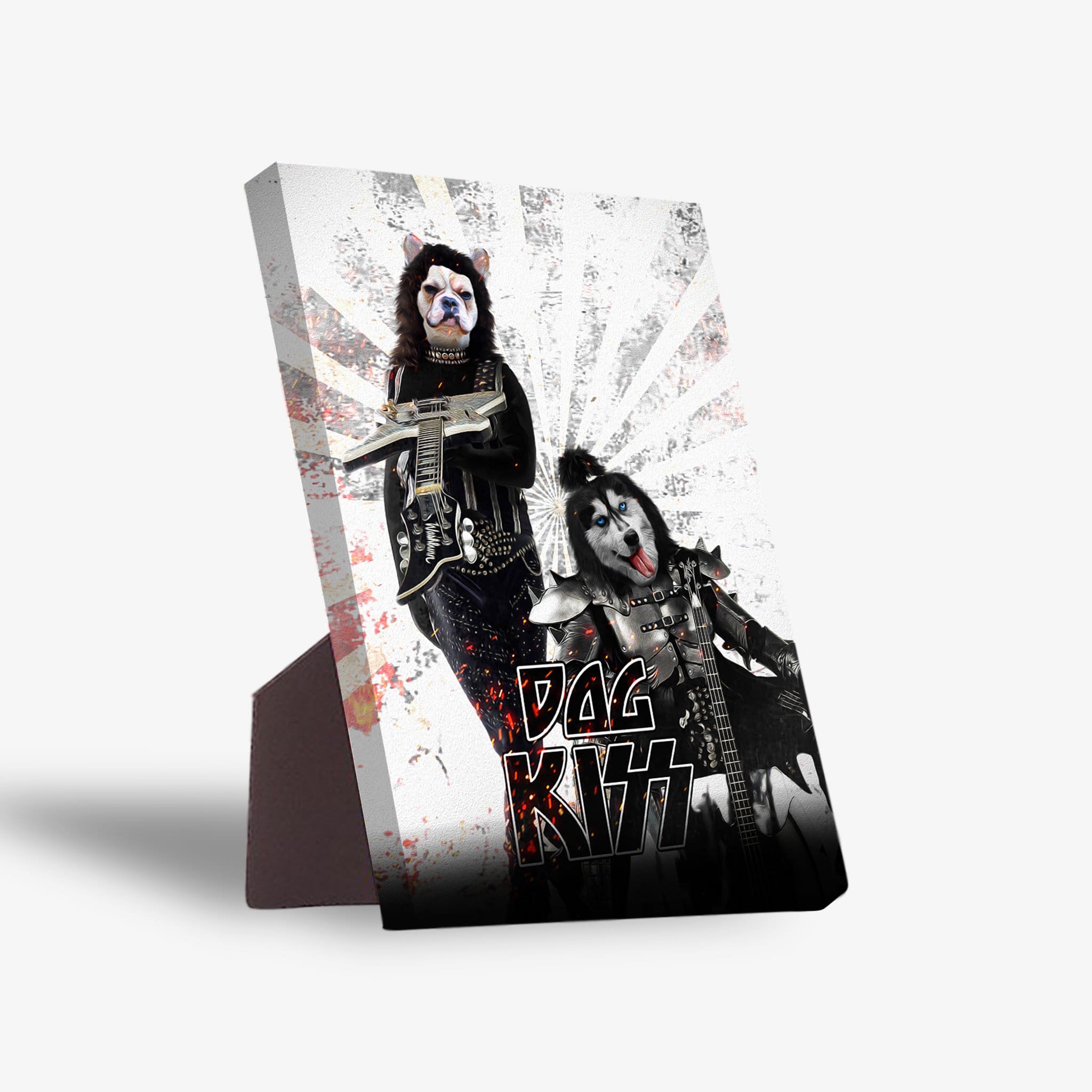 Personalized 'Kiss Doggos' standing canvas featuring two pets dressed as rock stars with guitars.