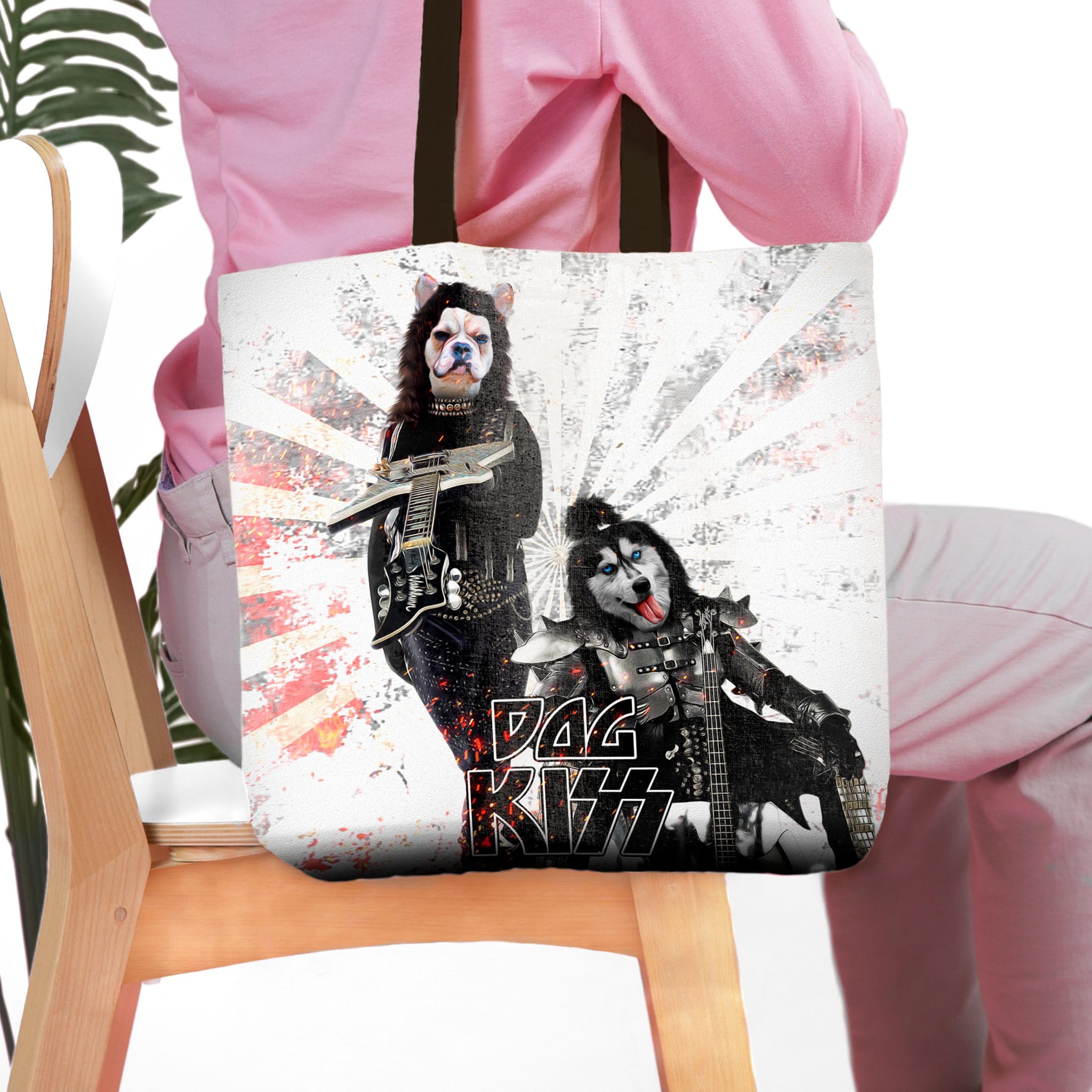 Personalized 'Kiss Doggos' tote bag with two custom pet portraits in rockstar costumes.