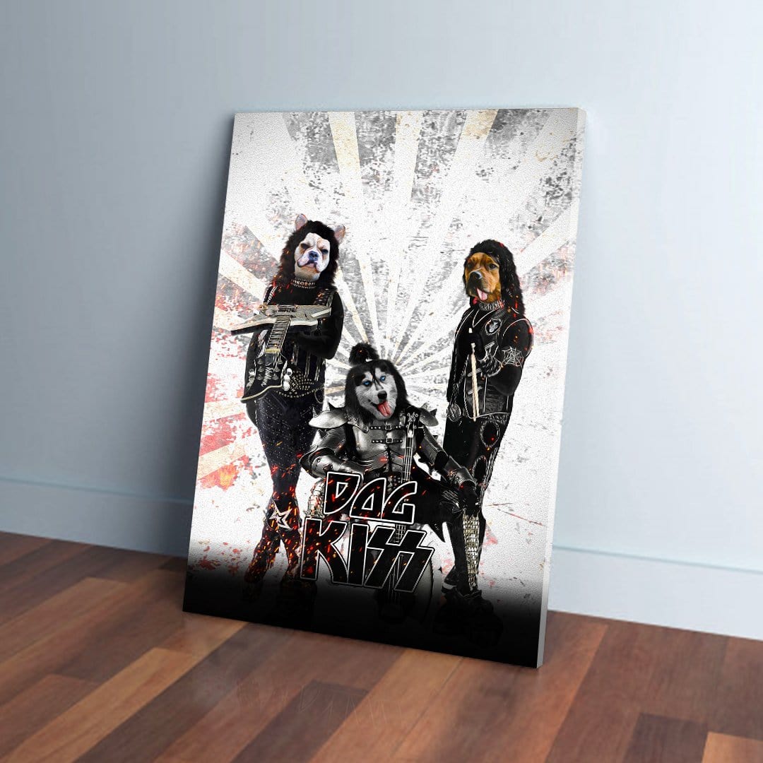 Personalized 'Kiss Doggos' canvas featuring three pets as rock stars in black leather outfits.