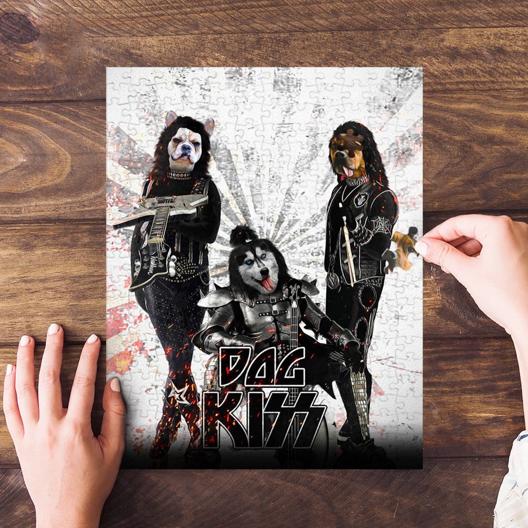 Personalized 3-pet "Kiss Doggos" puzzle featuring dogs dressed as rock band members.