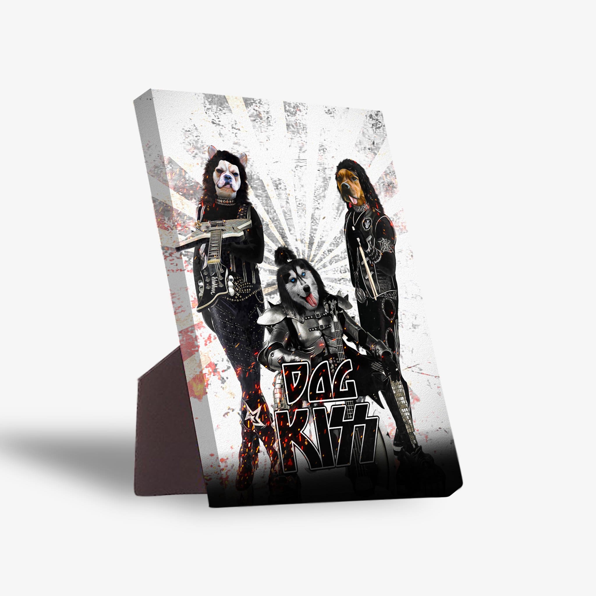 Personalized 'Kiss Doggos' standing canvas featuring three pets dressed as rock stars, with a sturdy back stand.