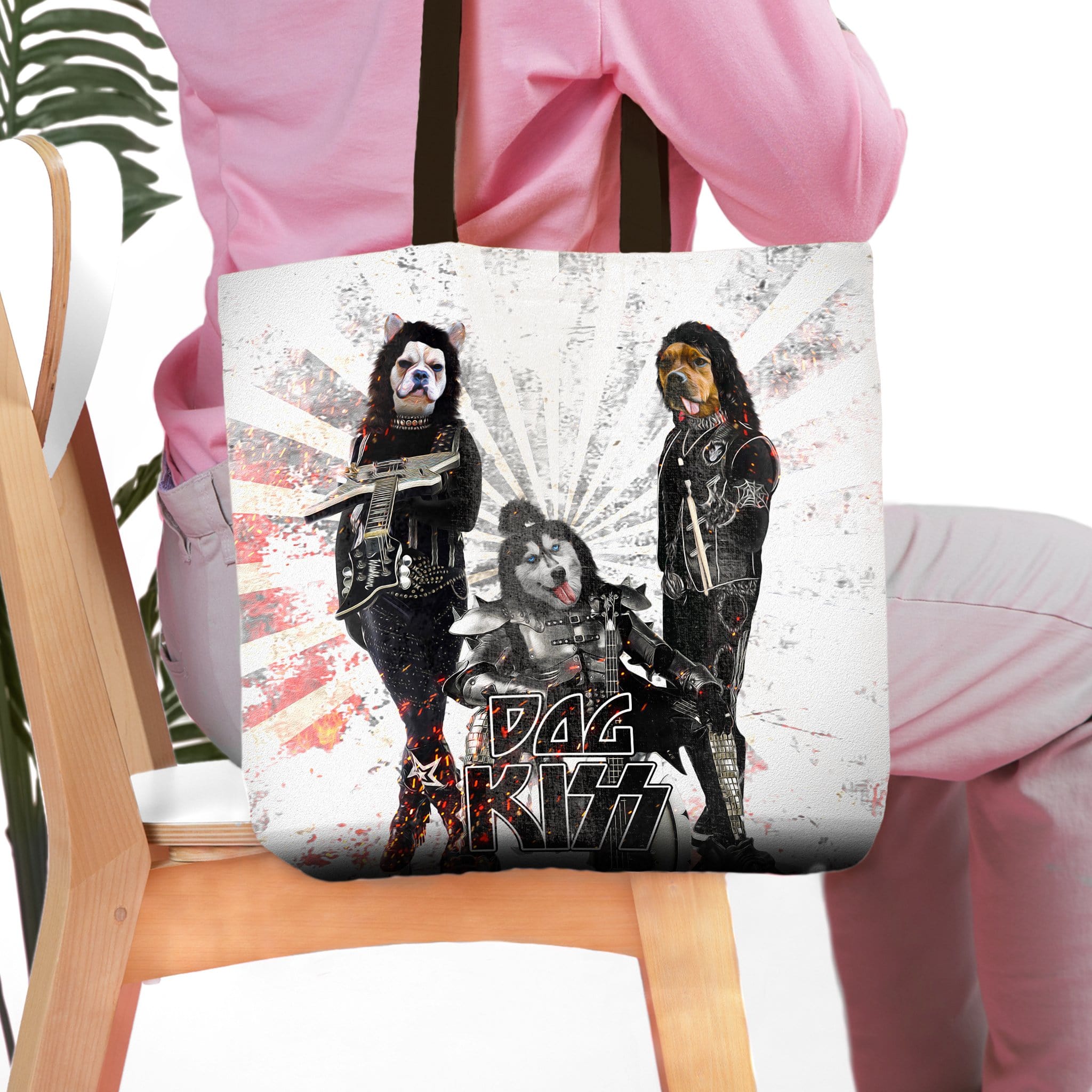 Personalized tote bag with three pet portraits in Kiss rock band costumes.