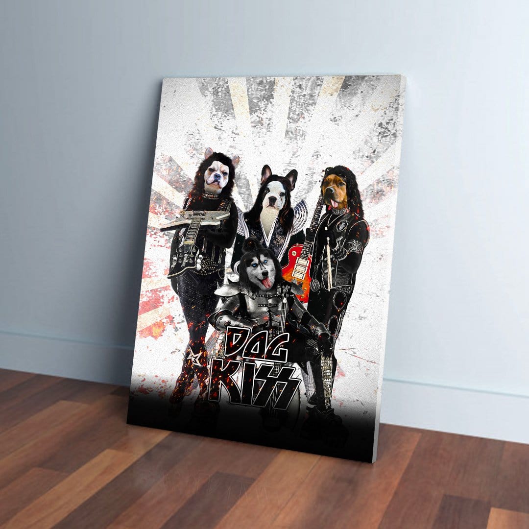 Personalized "Kiss Doggos" canvas featuring four pets dressed as rock stars, leaning against a wall.