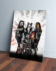 Personalized "Kiss Doggos" canvas featuring four pets dressed as rock stars, leaning against a wall.
