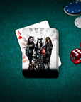 Personalized playing cards featuring four dogs dressed as the band Kiss, on a green poker table with chips and dice.