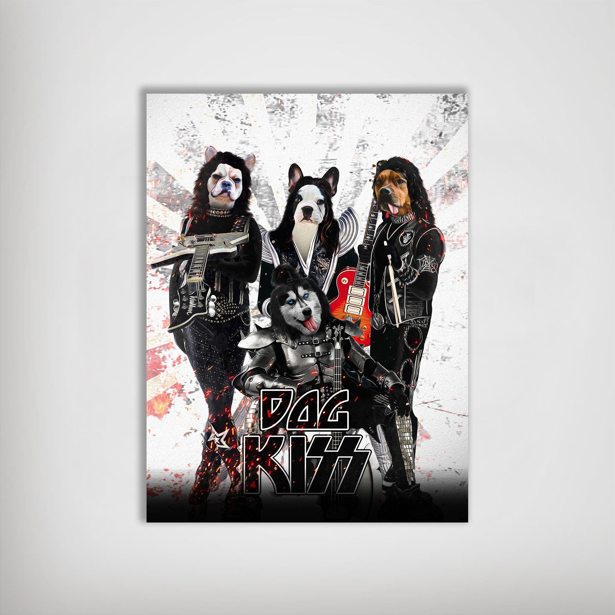 Personalized 'Kiss Doggos' poster featuring four pets dressed as rock stars, with a grunge background.