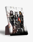 Personalized 'Kiss Doggos' standing canvas featuring four pets as rock stars with guitars, on a distressed white background.