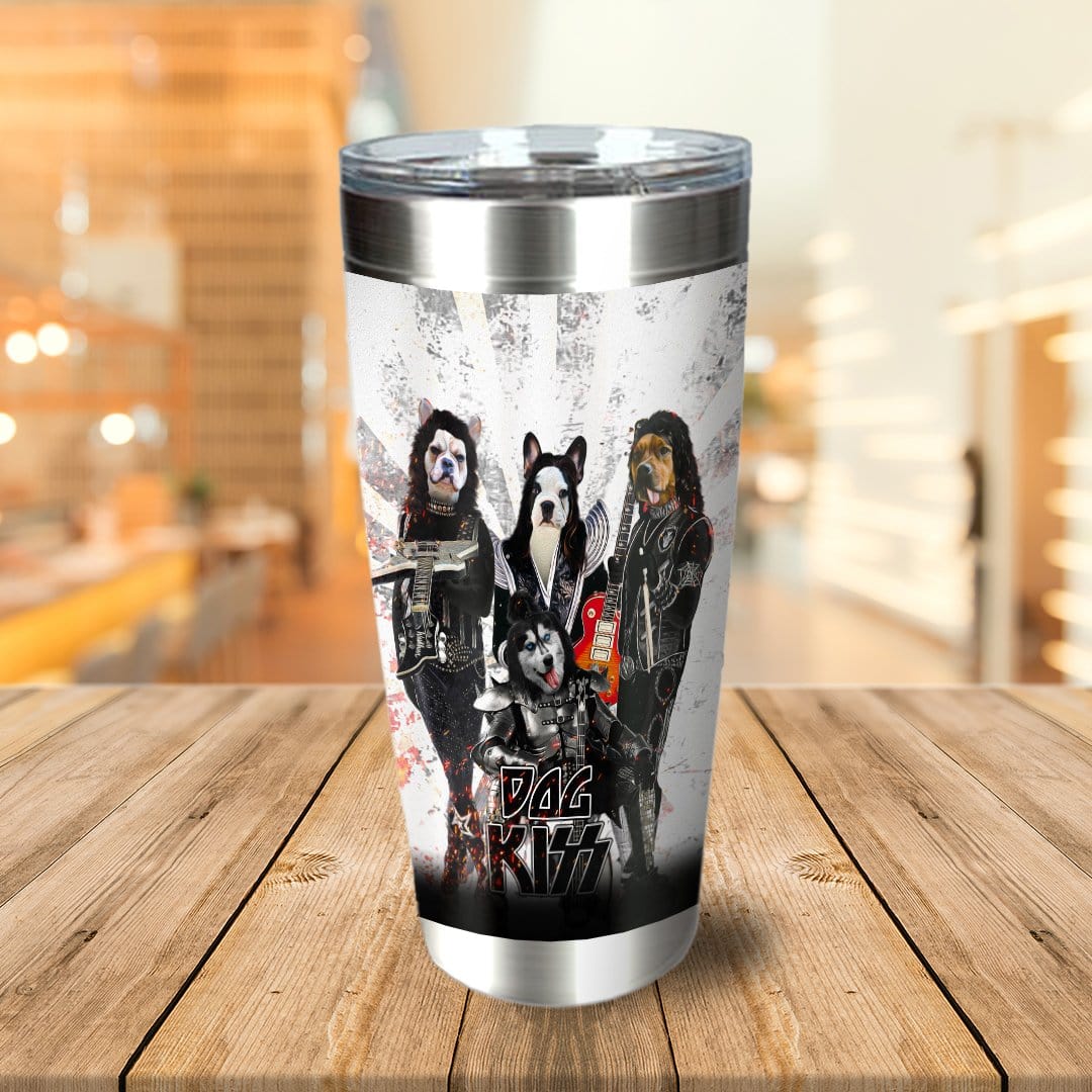 Personalized stainless steel tumbler with custom "Dog Kiss" rock band pet portraits.