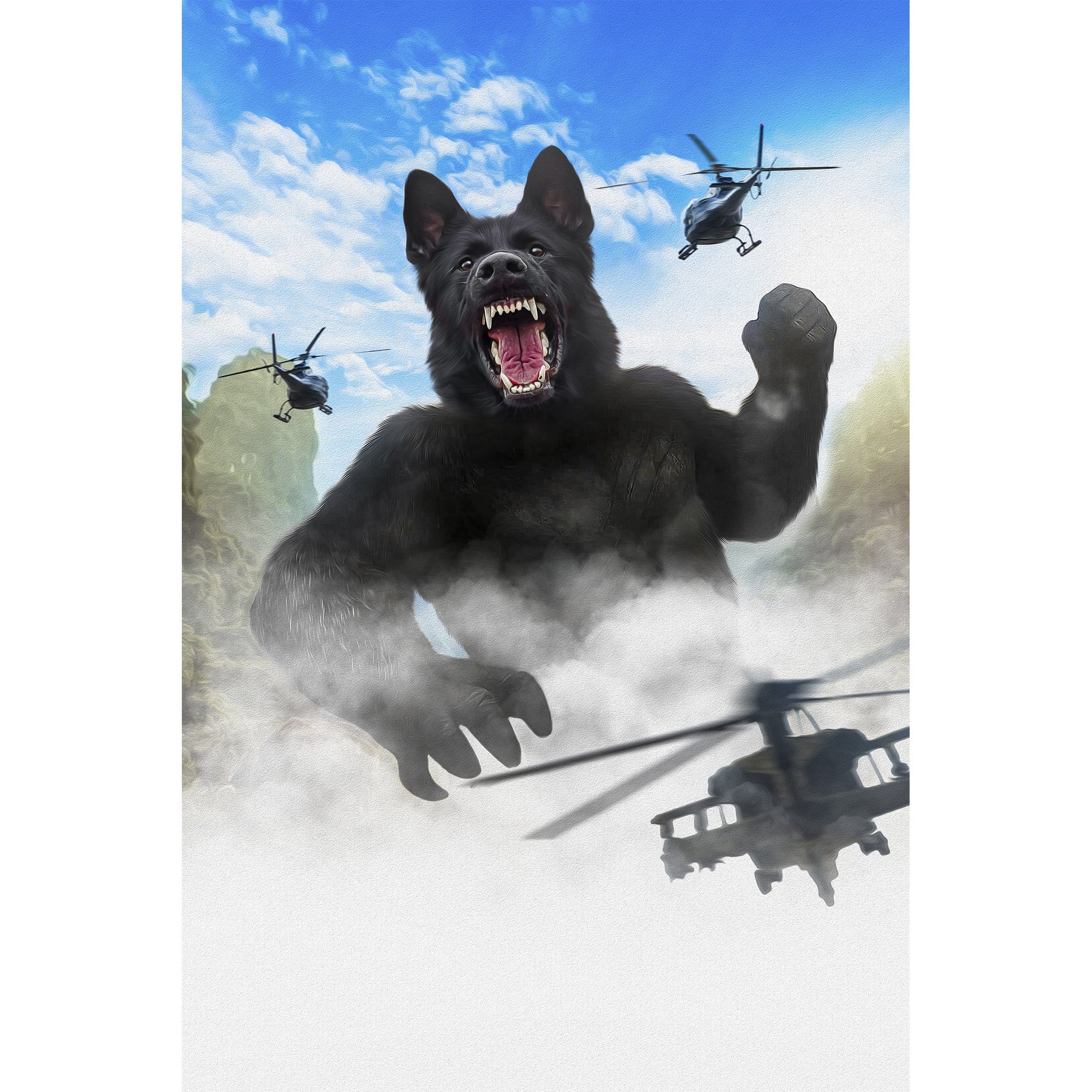 Custom digital portrait of a black dog as Kong, roaring amidst helicopters and clouds.