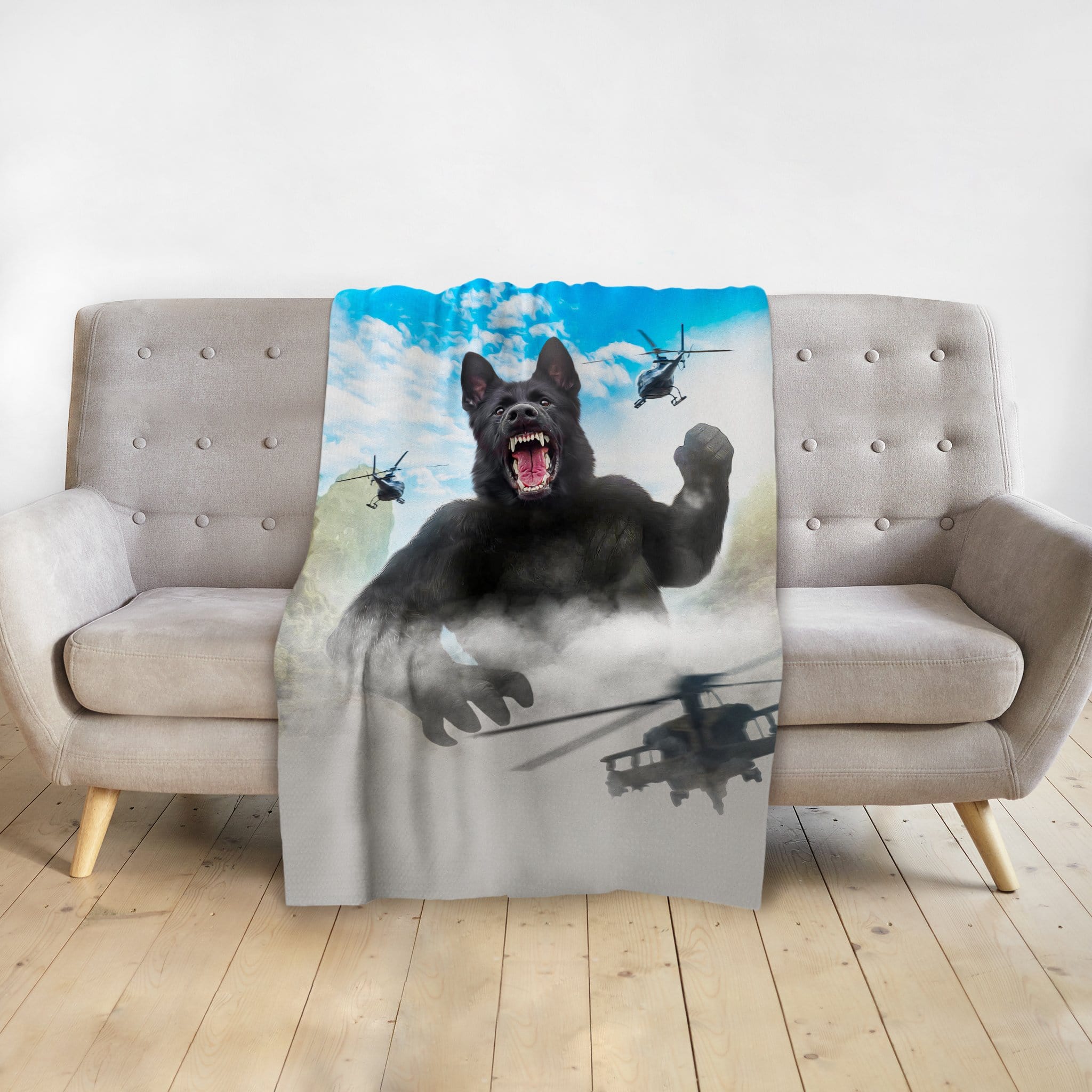 Personalized minky blanket featuring a black German Shepherd in a King Kong-style portrait with helicopters.