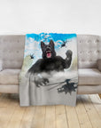 Personalized minky blanket featuring a black German Shepherd in a King Kong-style portrait with helicopters.