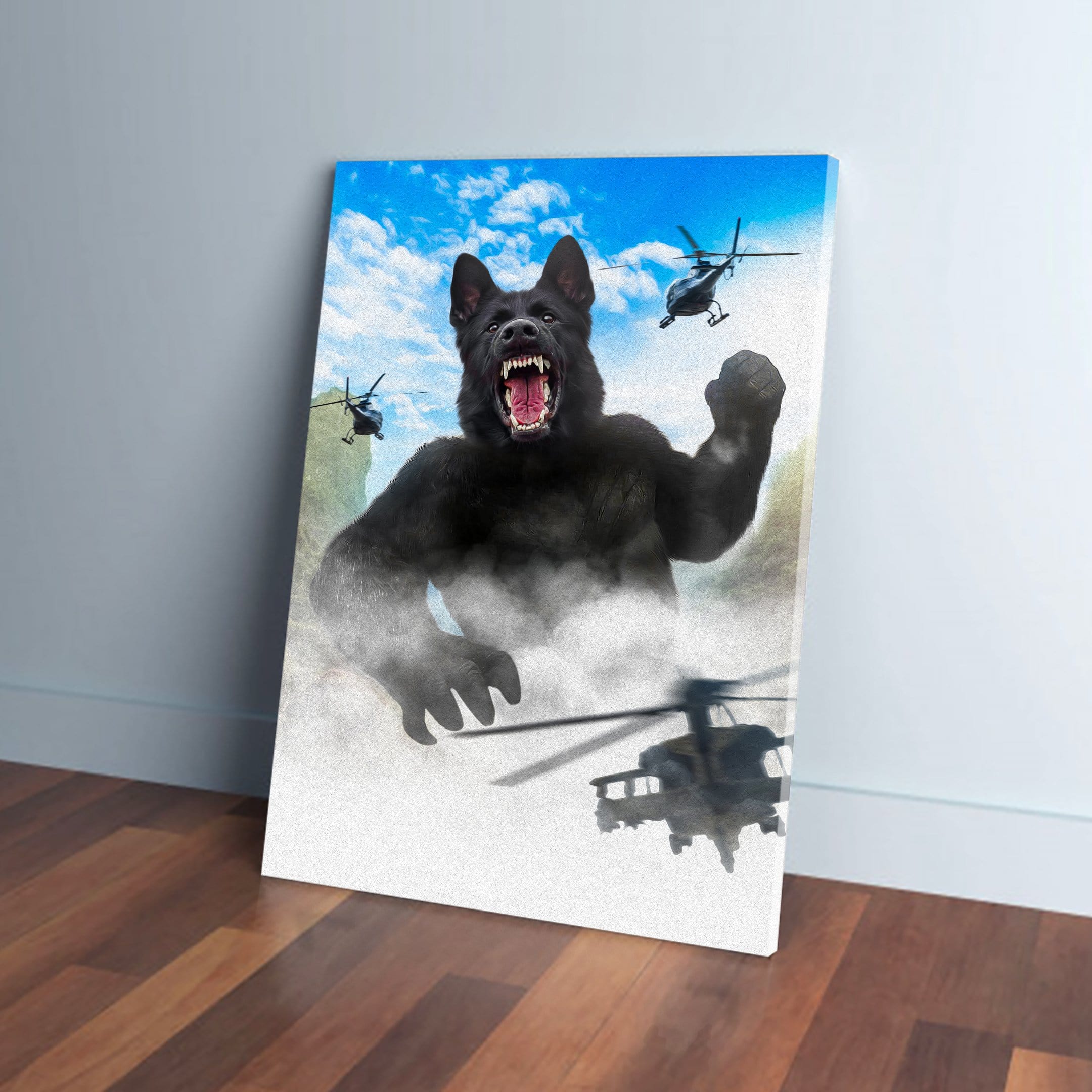 Personalized 'Kong-Dogg' canvas featuring a black German Shepherd as King Kong, surrounded by helicopters and clouds.
