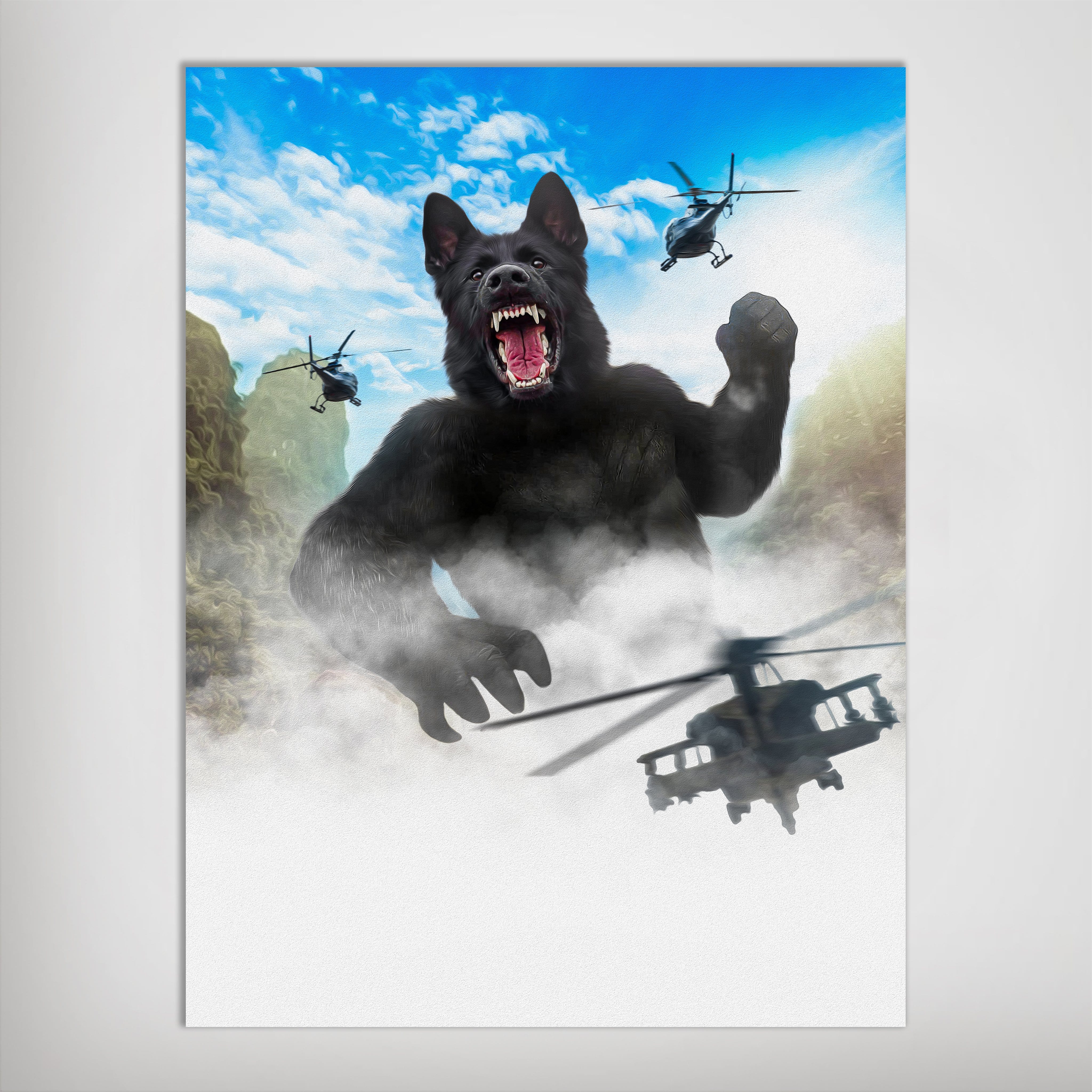 Personalized 'Kong-Dogg' poster featuring a black German Shepherd as King Kong, surrounded by helicopters and clouds.