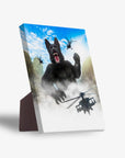 Kong-Dogg personalized standing canvas featuring a black German Shepherd as King Kong with helicopters.