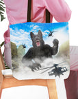 Personalized tote bag with a custom "Kong-Dogg" style portrait of a black German Shepherd and helicopters.
