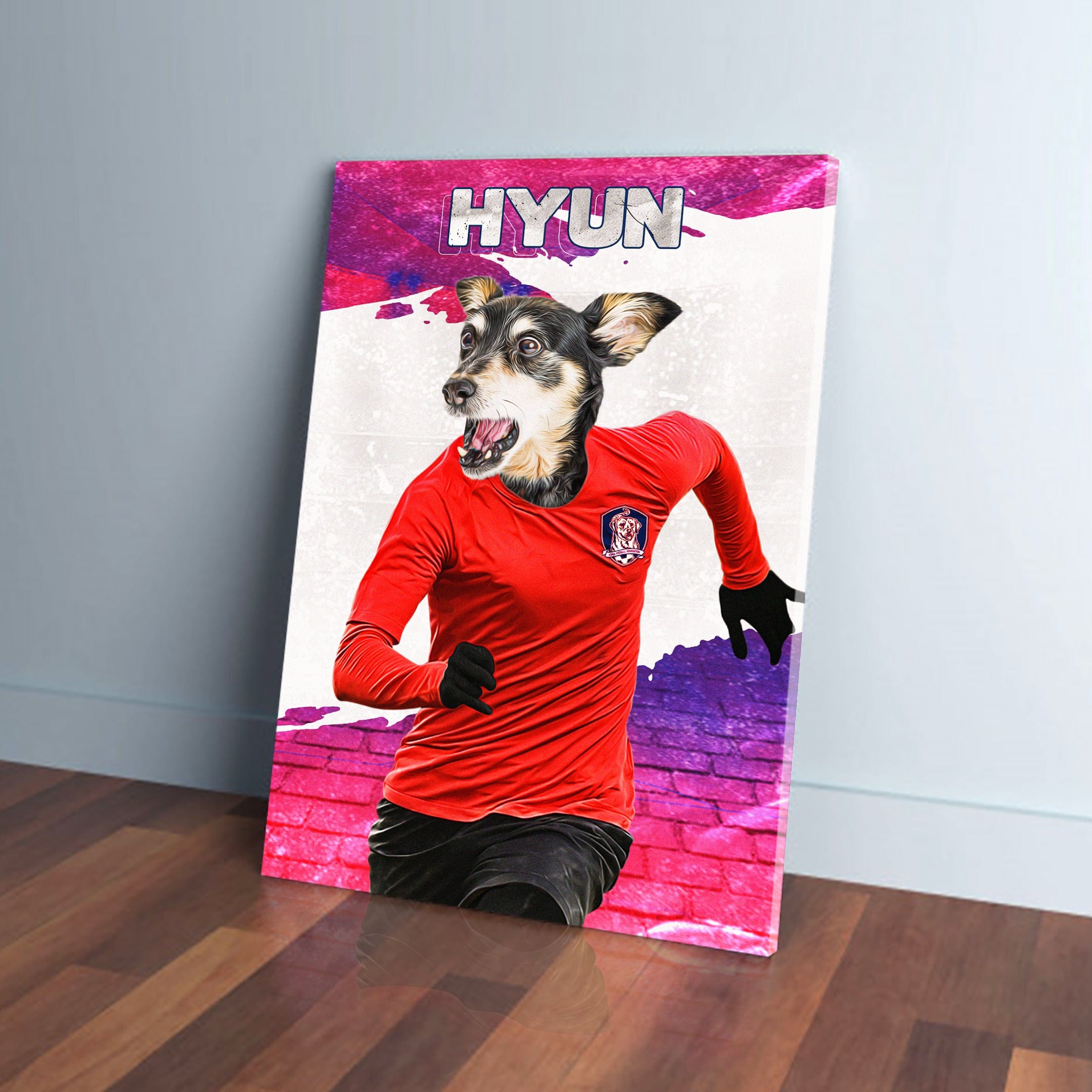 Personalized pet canvas featuring a dog in a red soccer jersey with "HYUN" above.