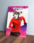 Personalized pet canvas featuring a dog in a red soccer jersey with "HYUN" above.