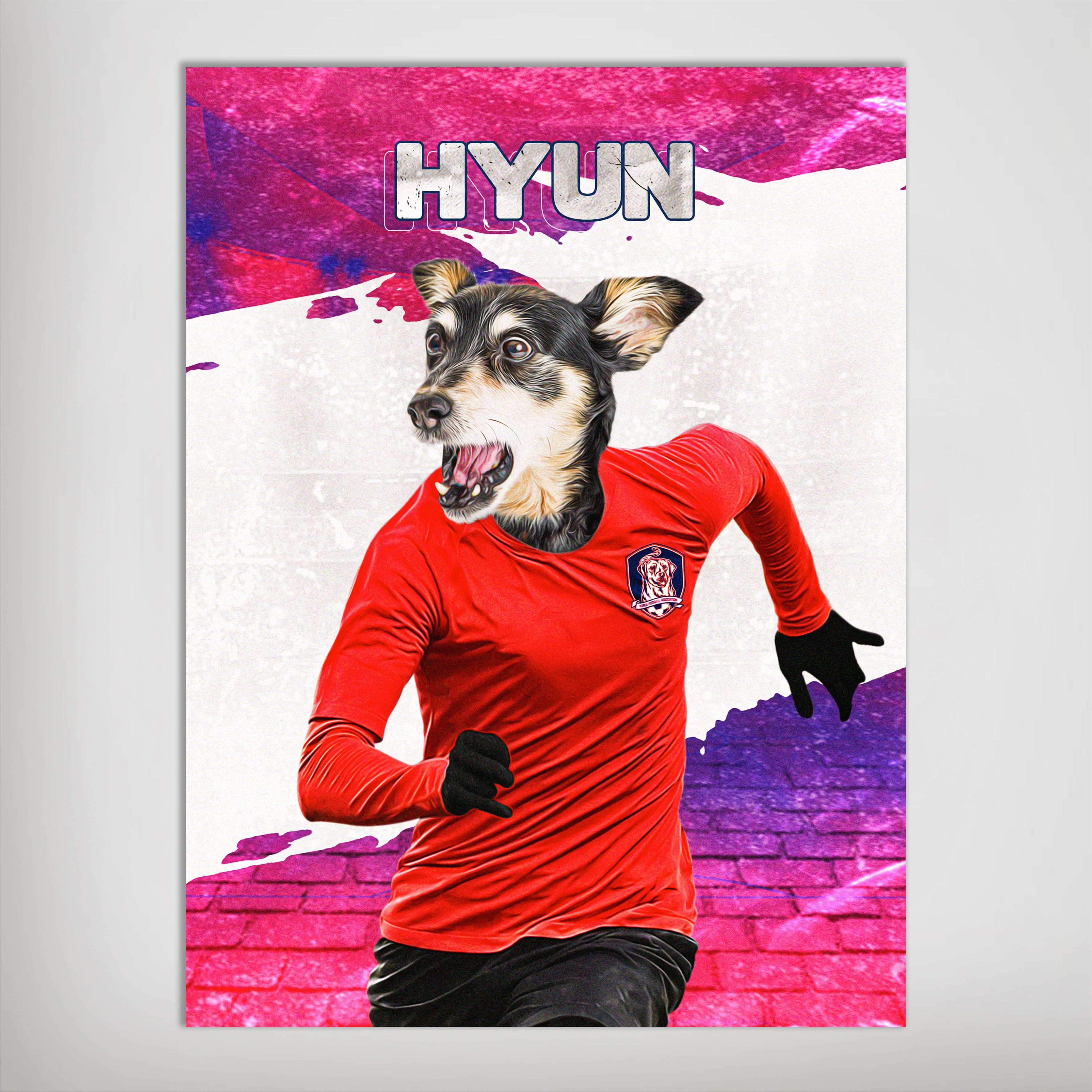 Personalized pet poster featuring a dog's head on a soccer player in a red Korea Doggos jersey.