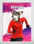 Personalized pet poster featuring a dog's head on a soccer player in a red Korea Doggos jersey.