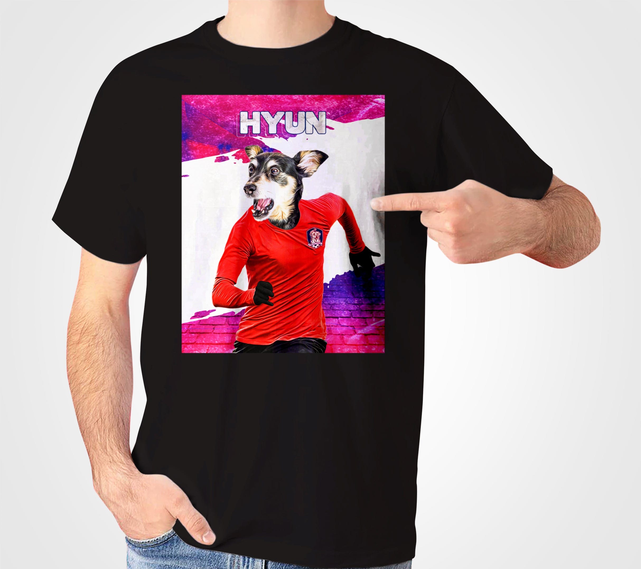 Black Gildan unisex t-shirt featuring a personalized dog in a red soccer jersey with "HYUN" above.