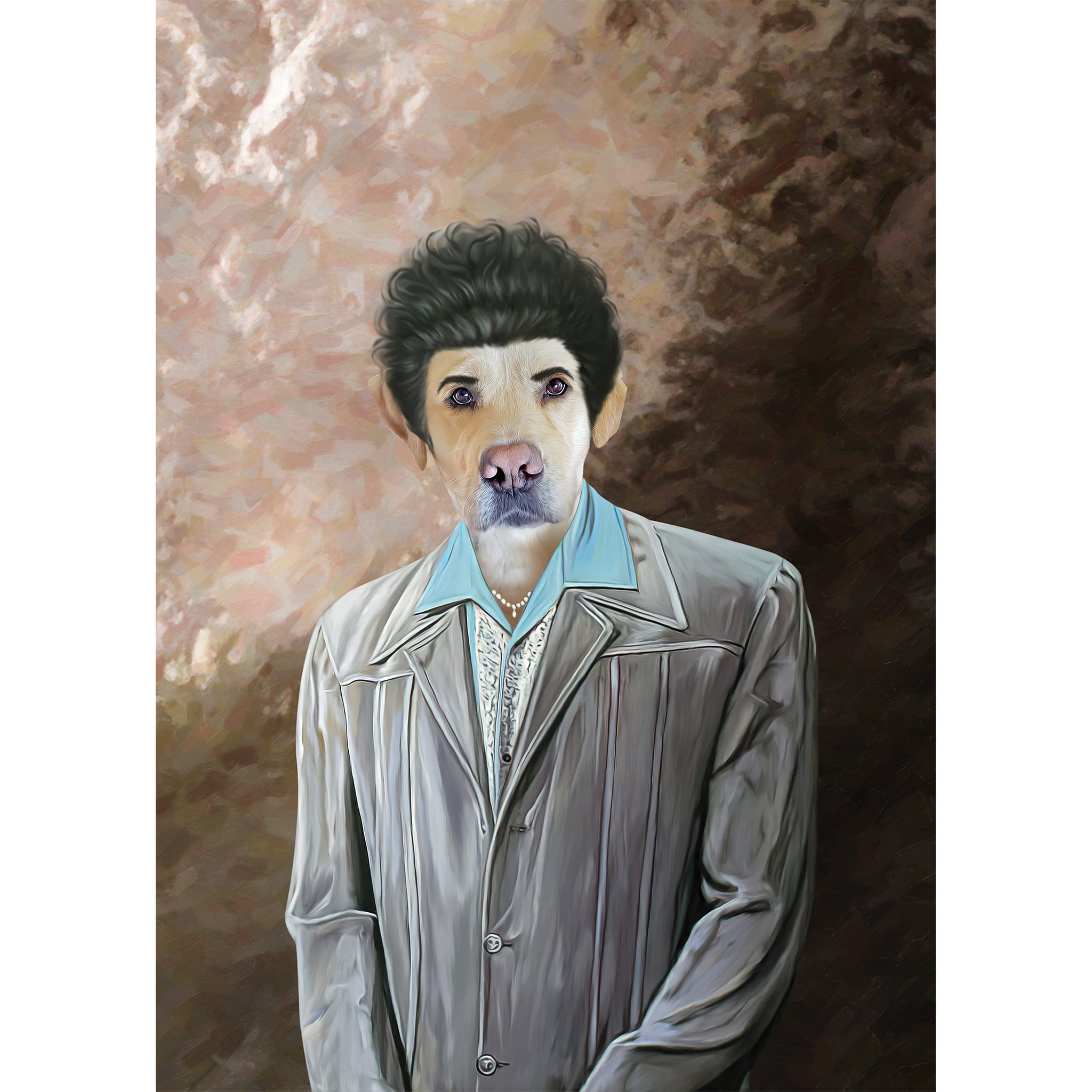 Custom digital portrait of a dog's face on a human body in a gray suit, "The Kramer" style.