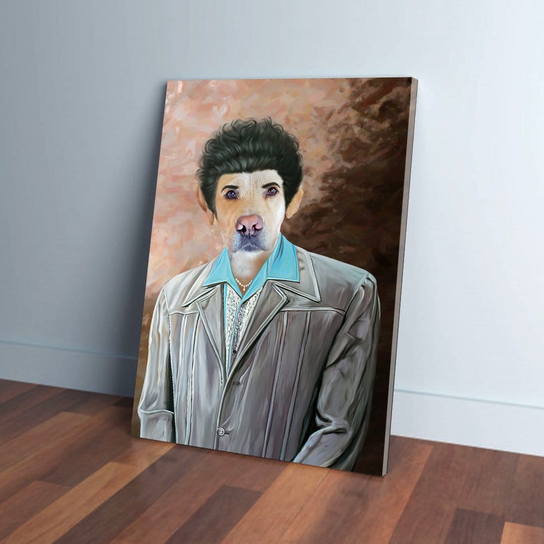 Personalized pet canvas featuring a dog's face on a human body with dark curly hair and a gray striped suit.