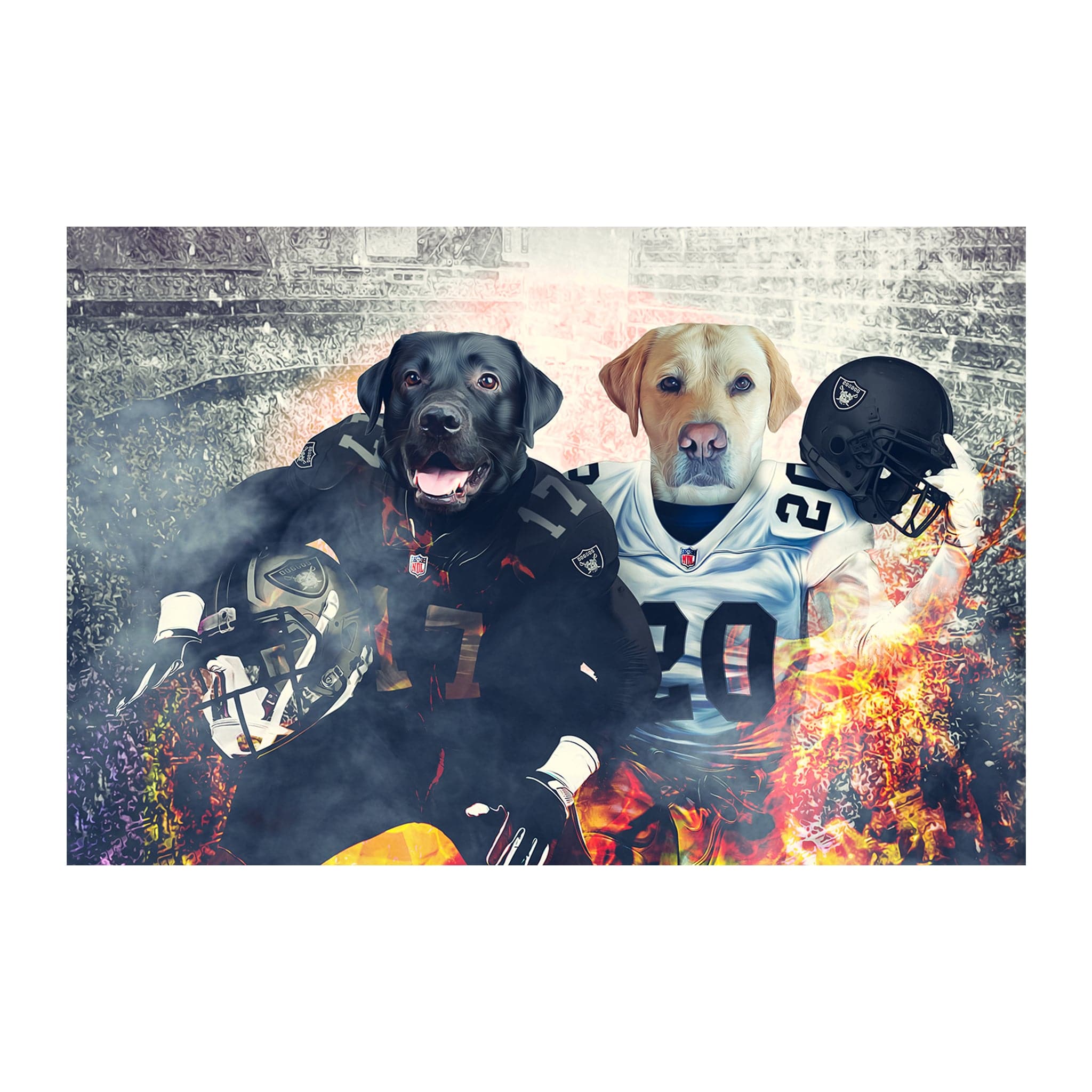 Custom digital portrait of two dogs as football players in Las Vegas Raiders jerseys.