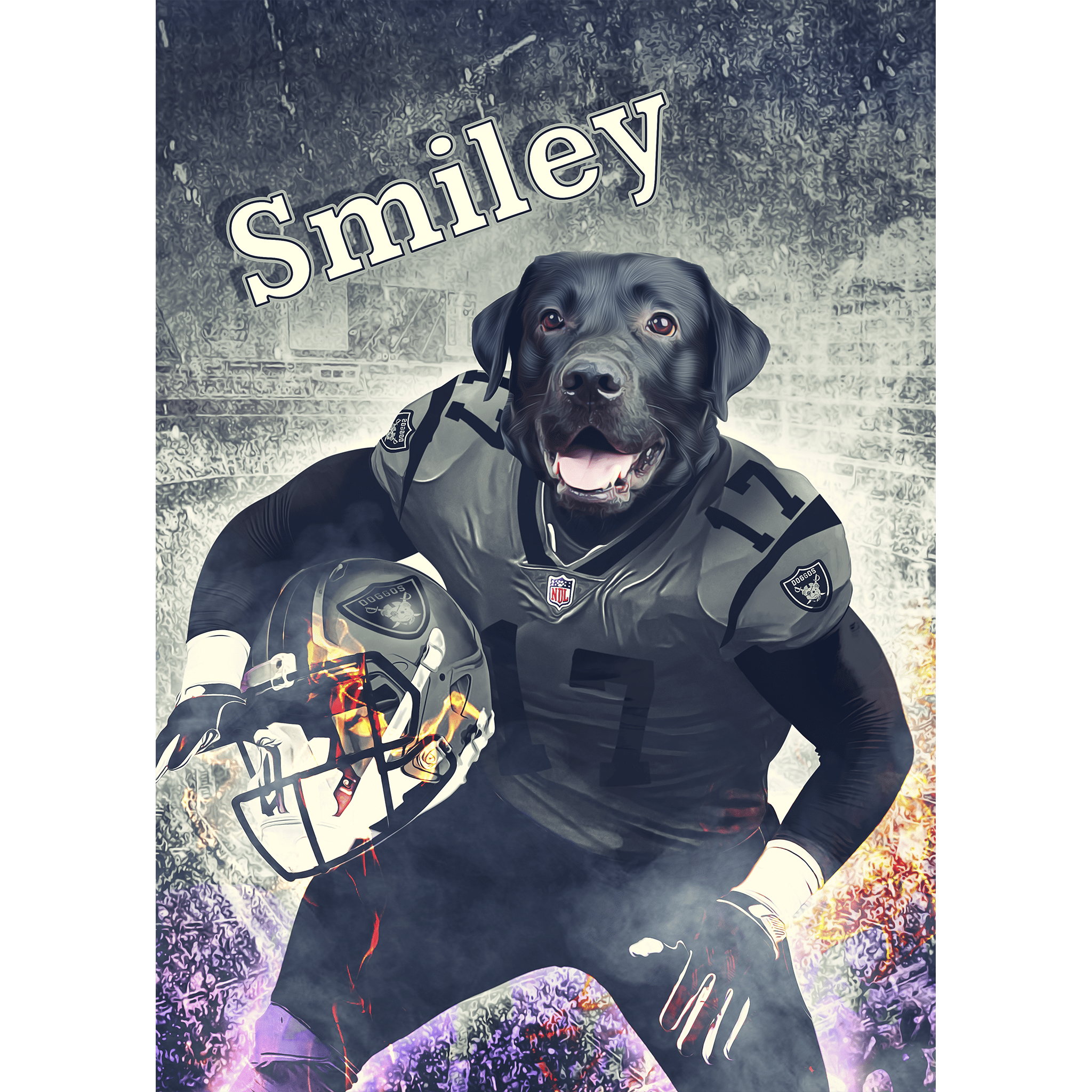 Personalized digital portrait of a black lab dog in a football uniform holding a helmet.