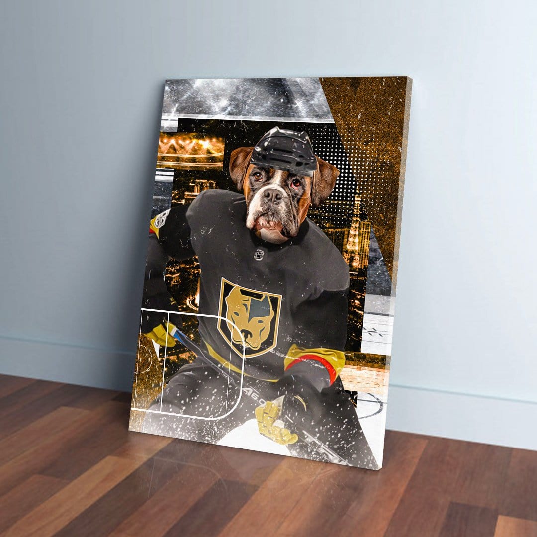 Personalized Las Vegas Doggos Hockey pet canvas featuring a boxer dog in a black jersey and helmet.