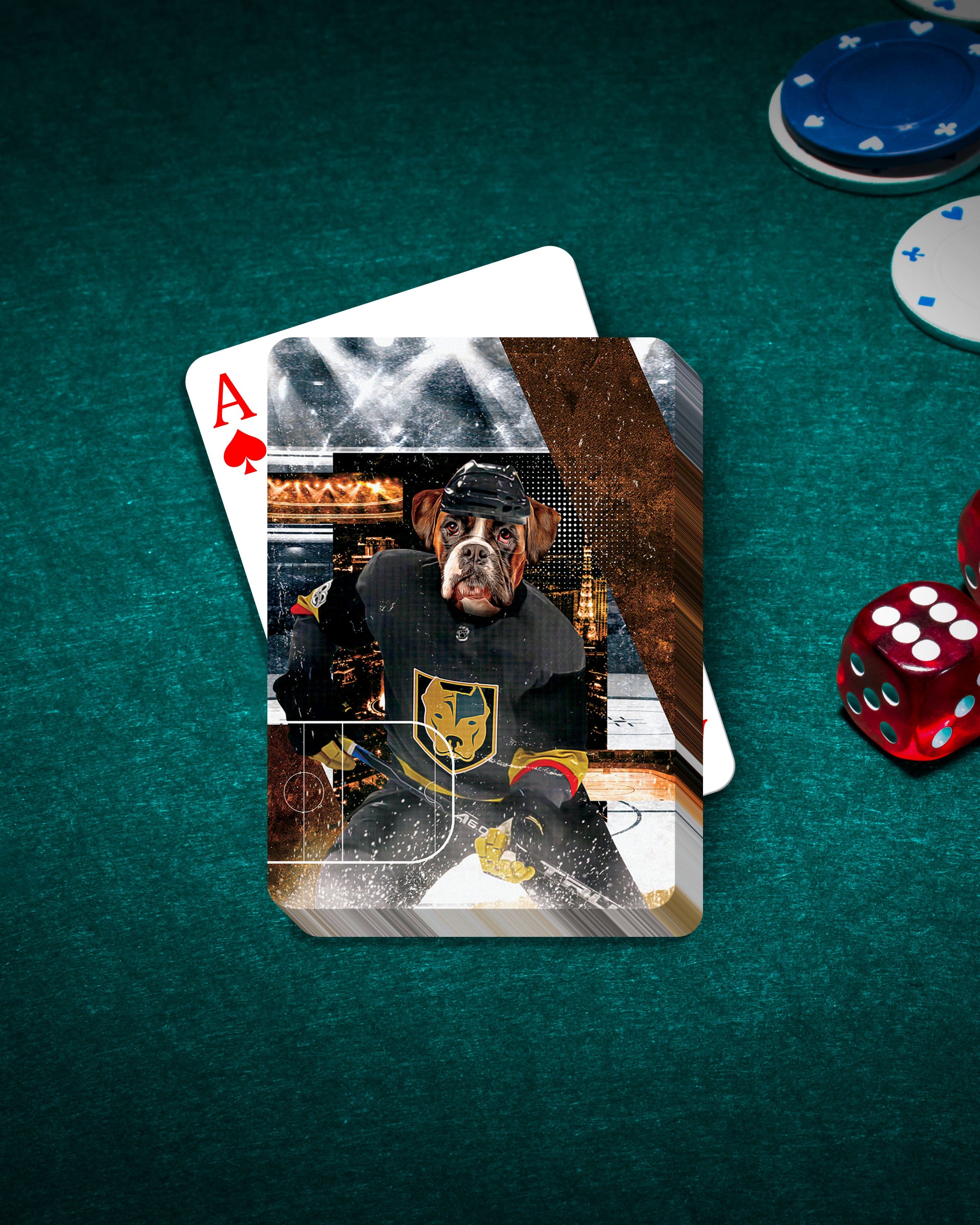 Personalized playing card featuring a dog in a Las Vegas Doggos Hockey uniform on a green felt table.