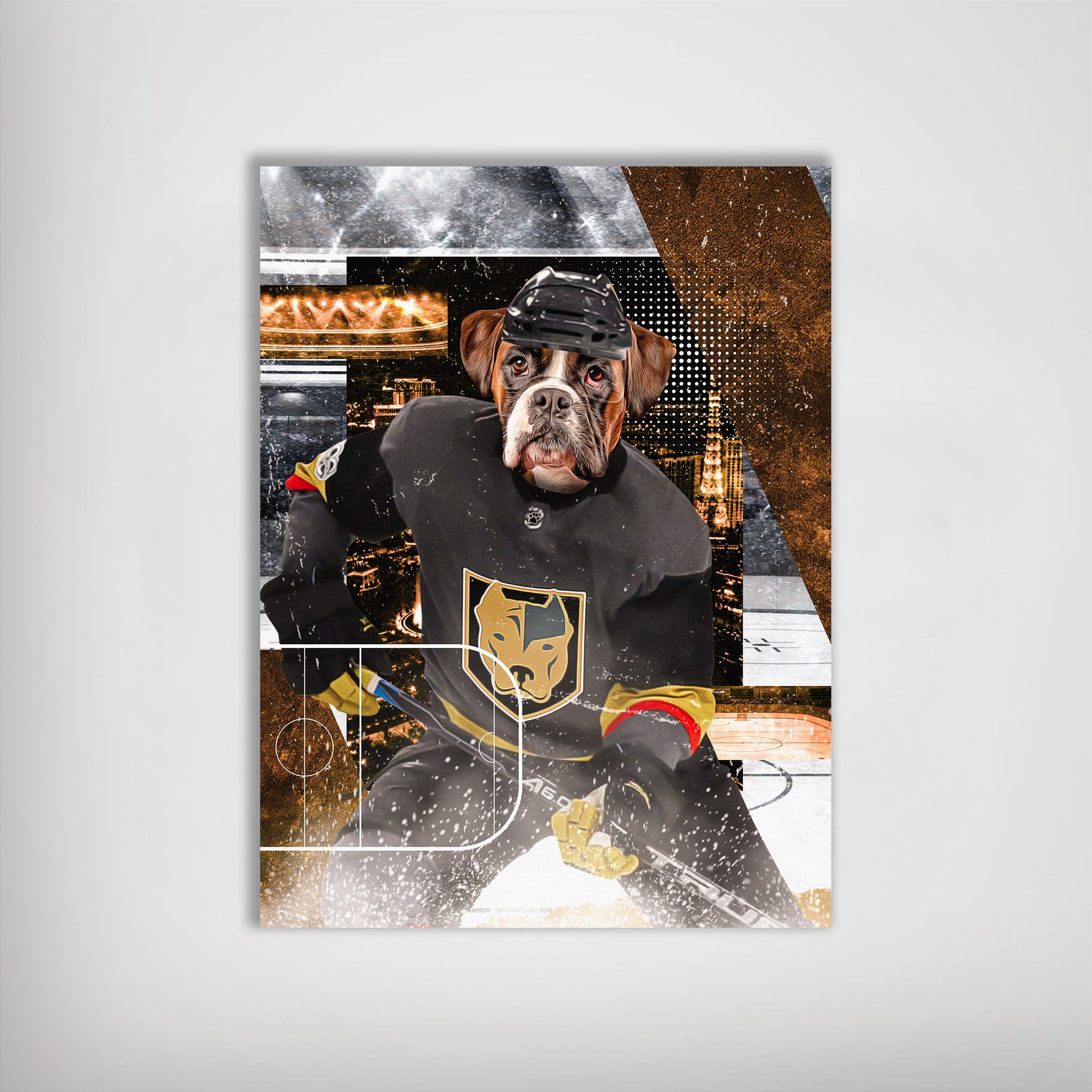 Personalized pet poster featuring a boxer dog in a black and gold Las Vegas Doggos Hockey uniform.