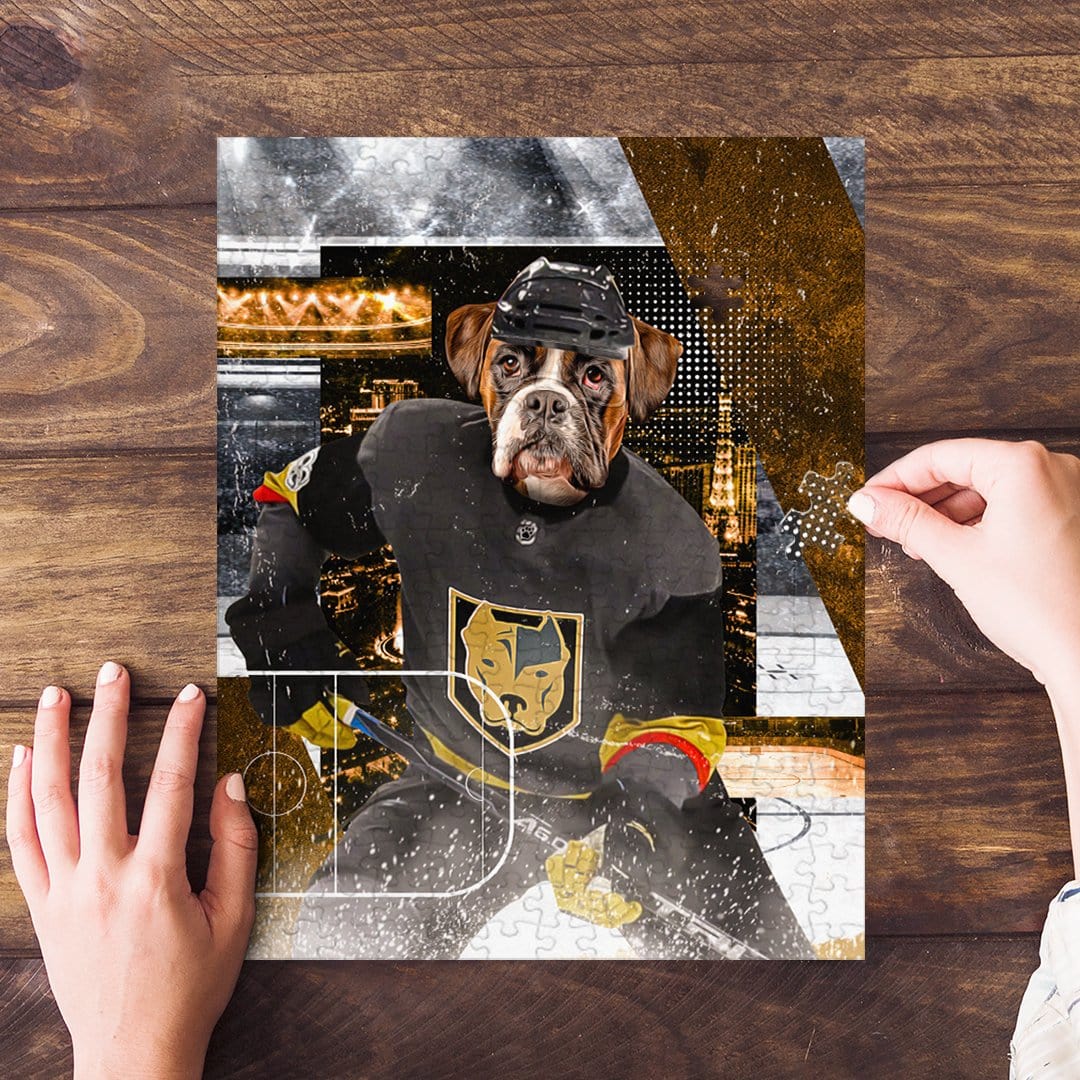 Personalized pet puzzle featuring a boxer dog in a black hockey uniform with gold accents.