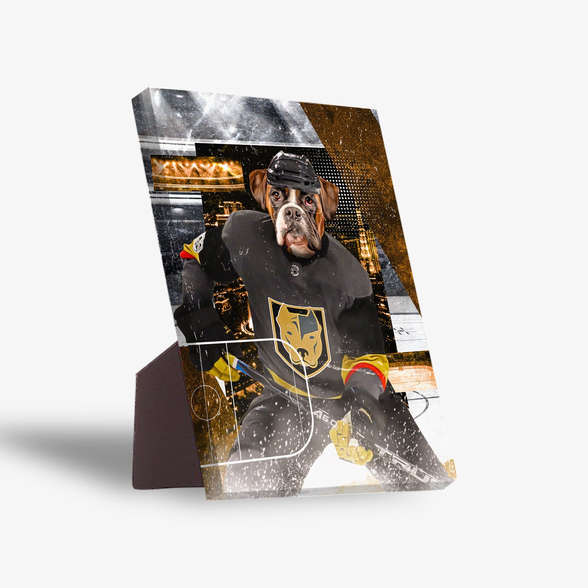 Personalized pet standing canvas featuring a boxer dog in a black and gold Las Vegas Doggos hockey uniform.
