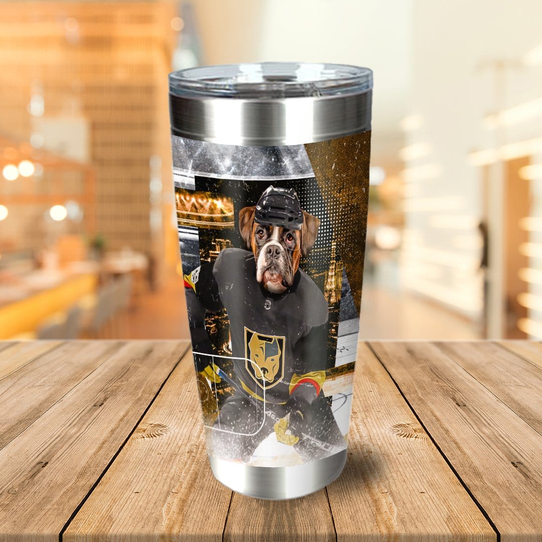 Personalized stainless steel tumbler with a custom dog portrait in a hockey uniform.