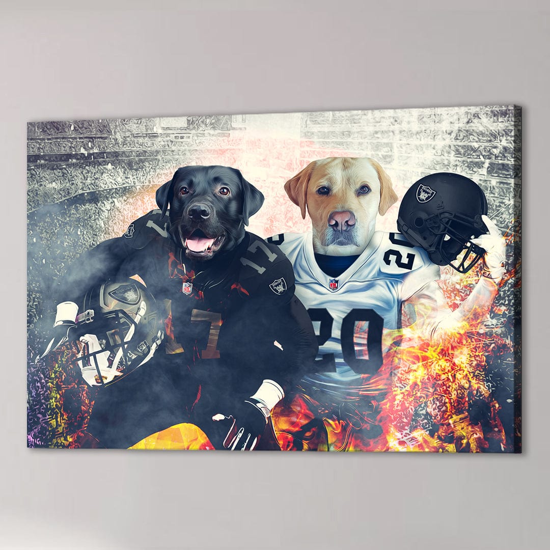 Personalized 'Las Vegas Doggos' canvas featuring two dogs in football uniforms with helmets, surrounded by fire.