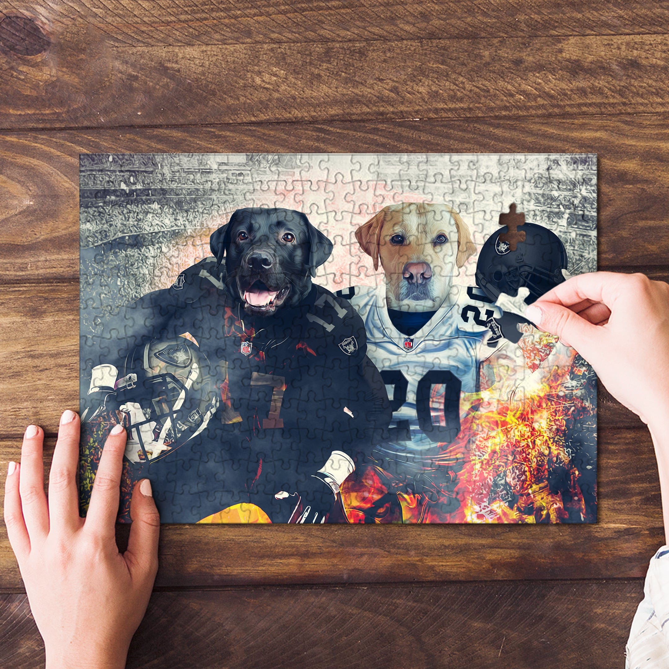 Personalized 2-pet puzzle featuring dogs in football jerseys, with a Las Vegas theme.