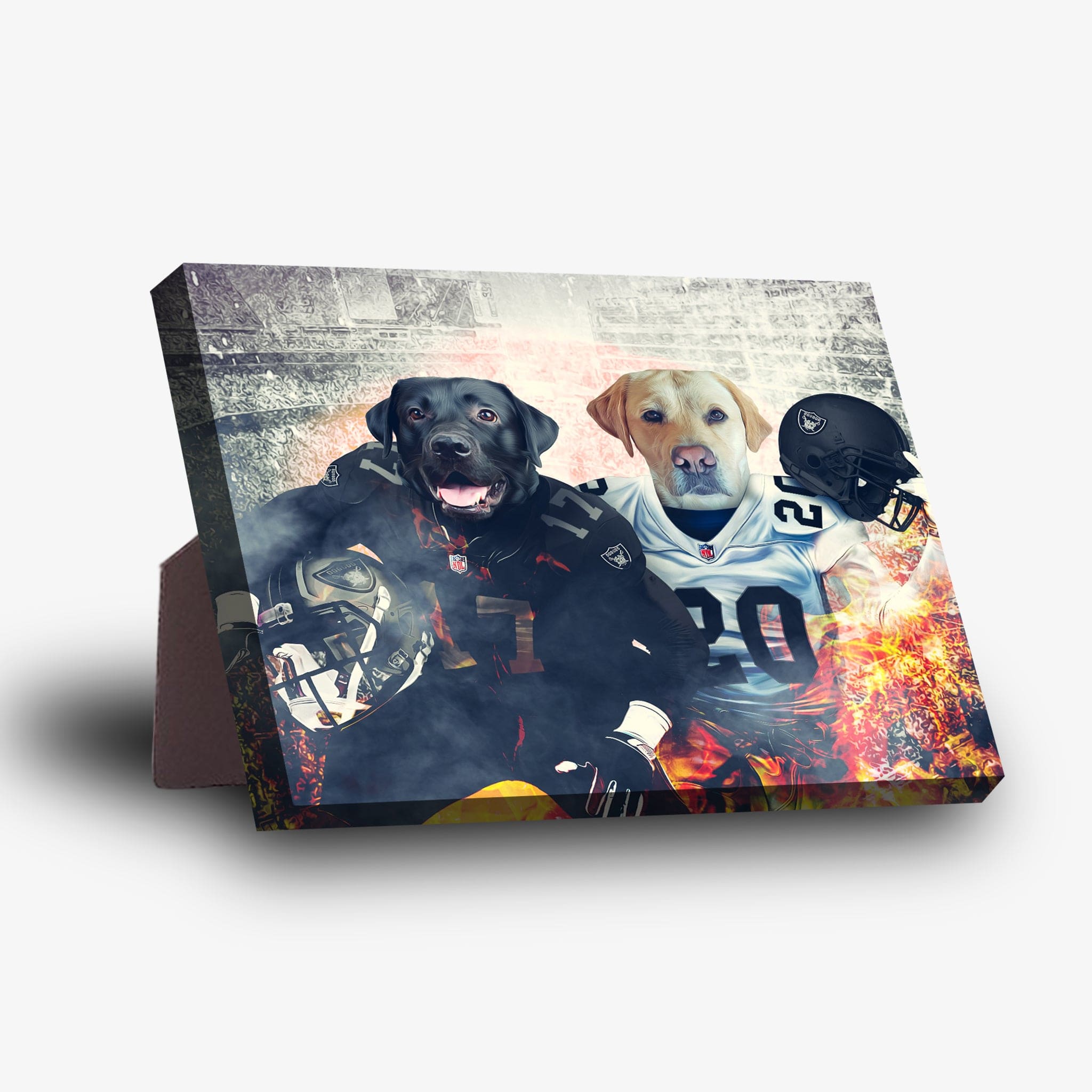 Personalized 'Las Vegas Doggos' standing canvas with two pets as football players, black and yellow labs, on a fiery background.