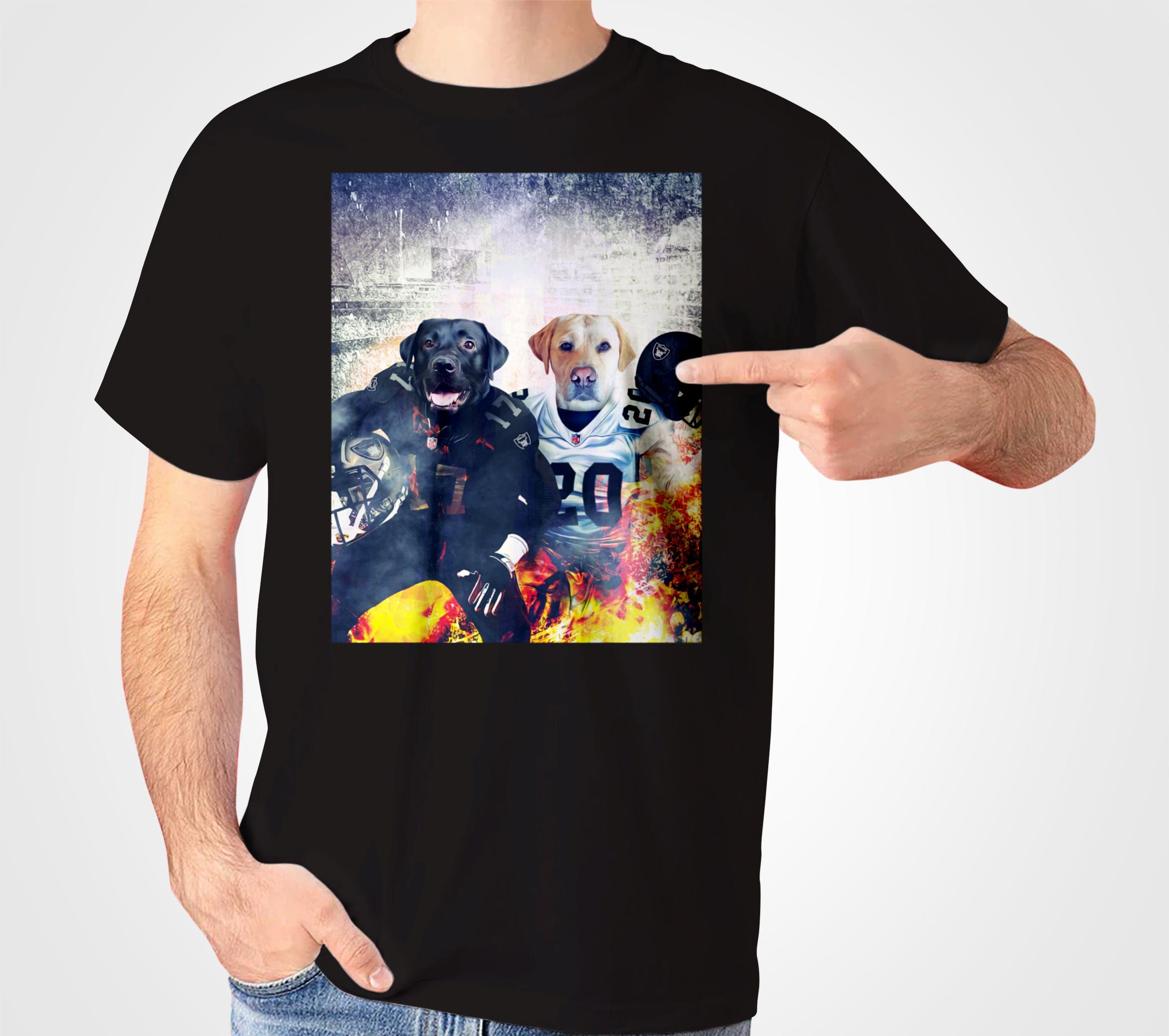Black Gildan t-shirt with two dogs, a black and a yellow lab, in football uniforms on a fiery background.