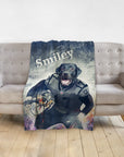 Personalized pet blanket with a black lab dog portrait in a football uniform, named "Smiley".