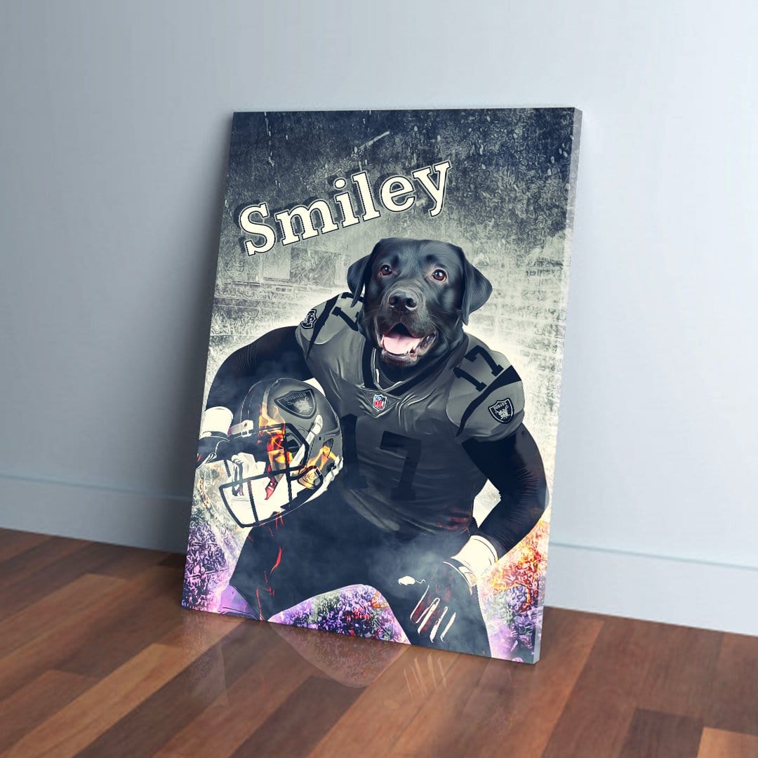 Personalized pet canvas featuring a black dog in a football uniform holding a helmet, with "Smiley" text.