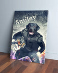 Personalized pet canvas featuring a black dog in a football uniform holding a helmet, with "Smiley" text.