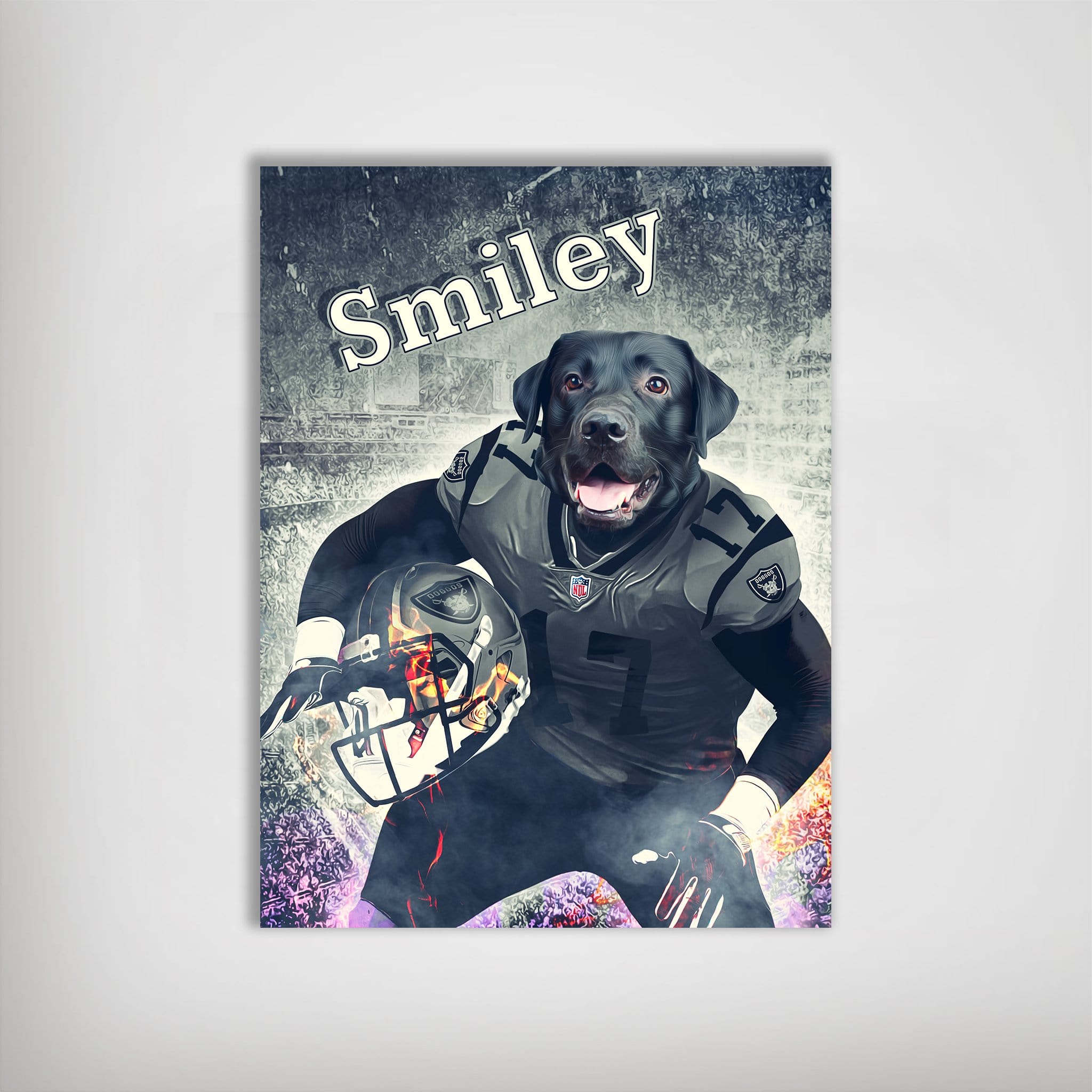 Personalized matte poster featuring a black dog in a gray football uniform holding a flaming helmet, with "Smiley" text.