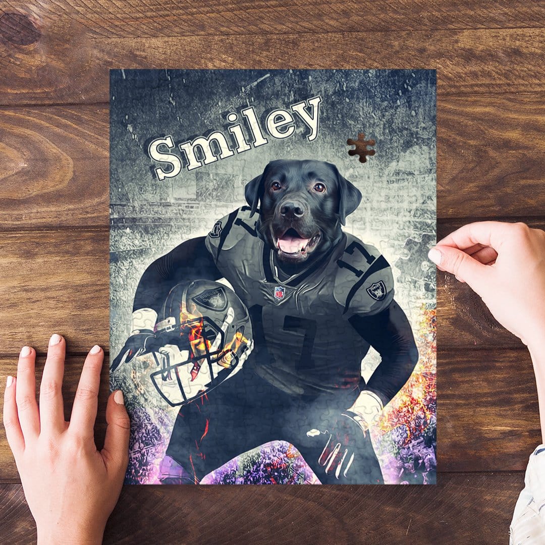 Personalized pet puzzle featuring a black Labrador in a football uniform, with "Smiley" text.