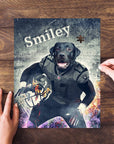 Personalized pet puzzle featuring a black Labrador in a football uniform, with "Smiley" text.