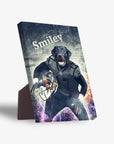 Personalized standing canvas featuring a black dog in a football uniform, holding a helmet, with "Smiley" above.